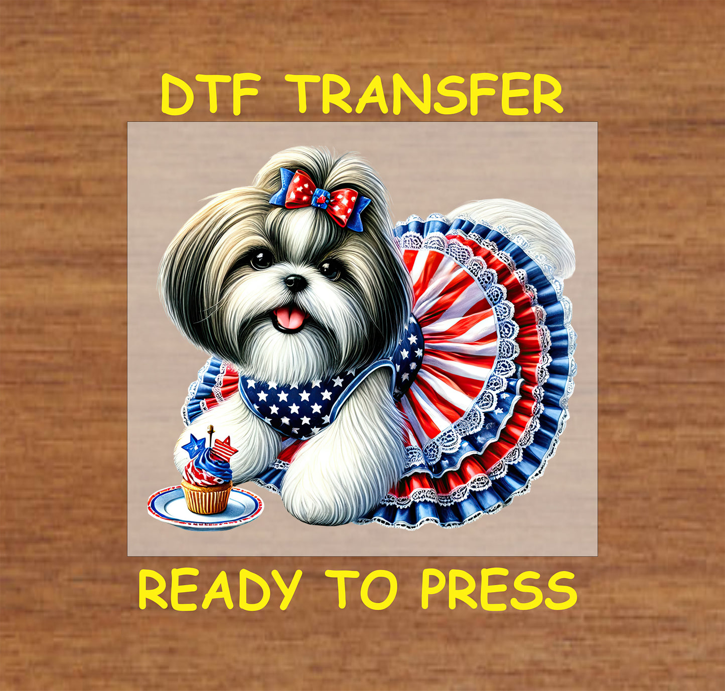 Shih Tzu in patriotic dress with cupcake and bow.