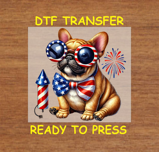 French Bulldog with patriotic glasses, bow tie, and fireworks.