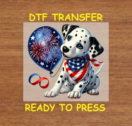 Dalmatian with patriotic scarf and fireworks balloon for July 4th DTF transfer.