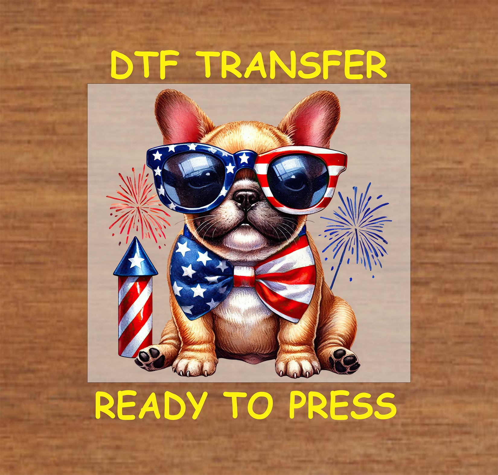 French Bulldog with patriotic sunglasses and bowtie, fireworks, and rocket DTF transfer.