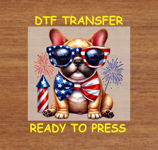 French Bulldog with patriotic sunglasses and bowtie, fireworks, and rocket DTF transfer.