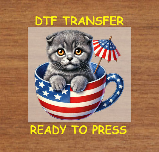 Gray kitten in American flag teacup with umbrella DTF transfer.