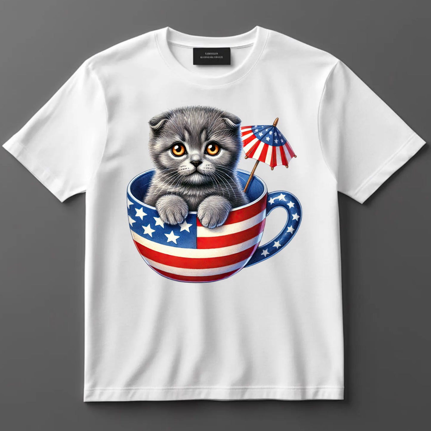 4th Of July DTF Transfer Iron On Heat Transfer - Ready to Press, Kitten in Patriotic Teacup DTF Transfer 7227