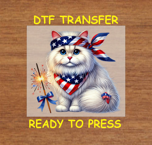 White cat with patriotic scarf, headband, and sparkler DTF transfer for July 4th.