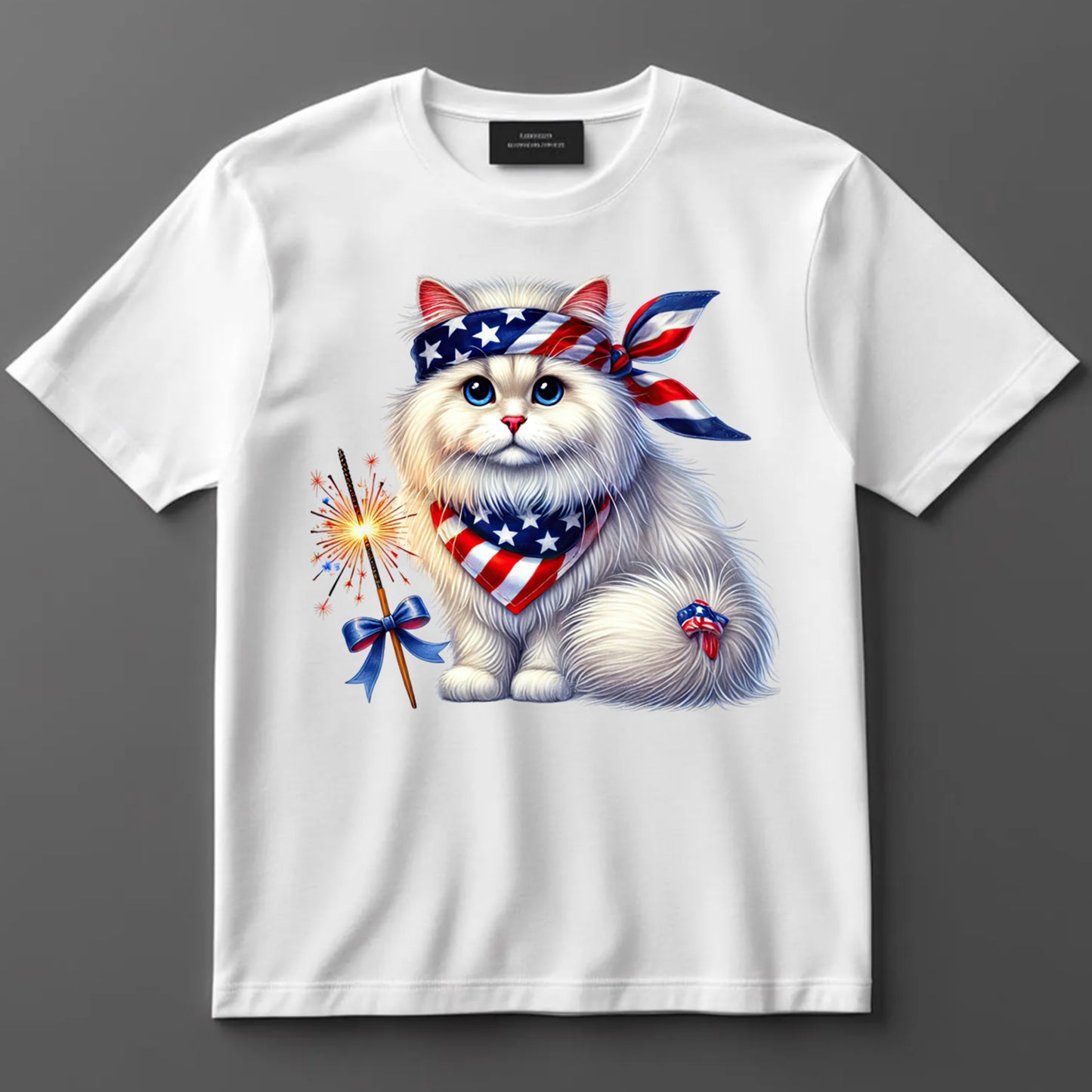 4th Of July DTF Transfer Iron On Heat Transfer - Ready to Press, Patriotic Cat with Sparkler DTF Transfer 7228