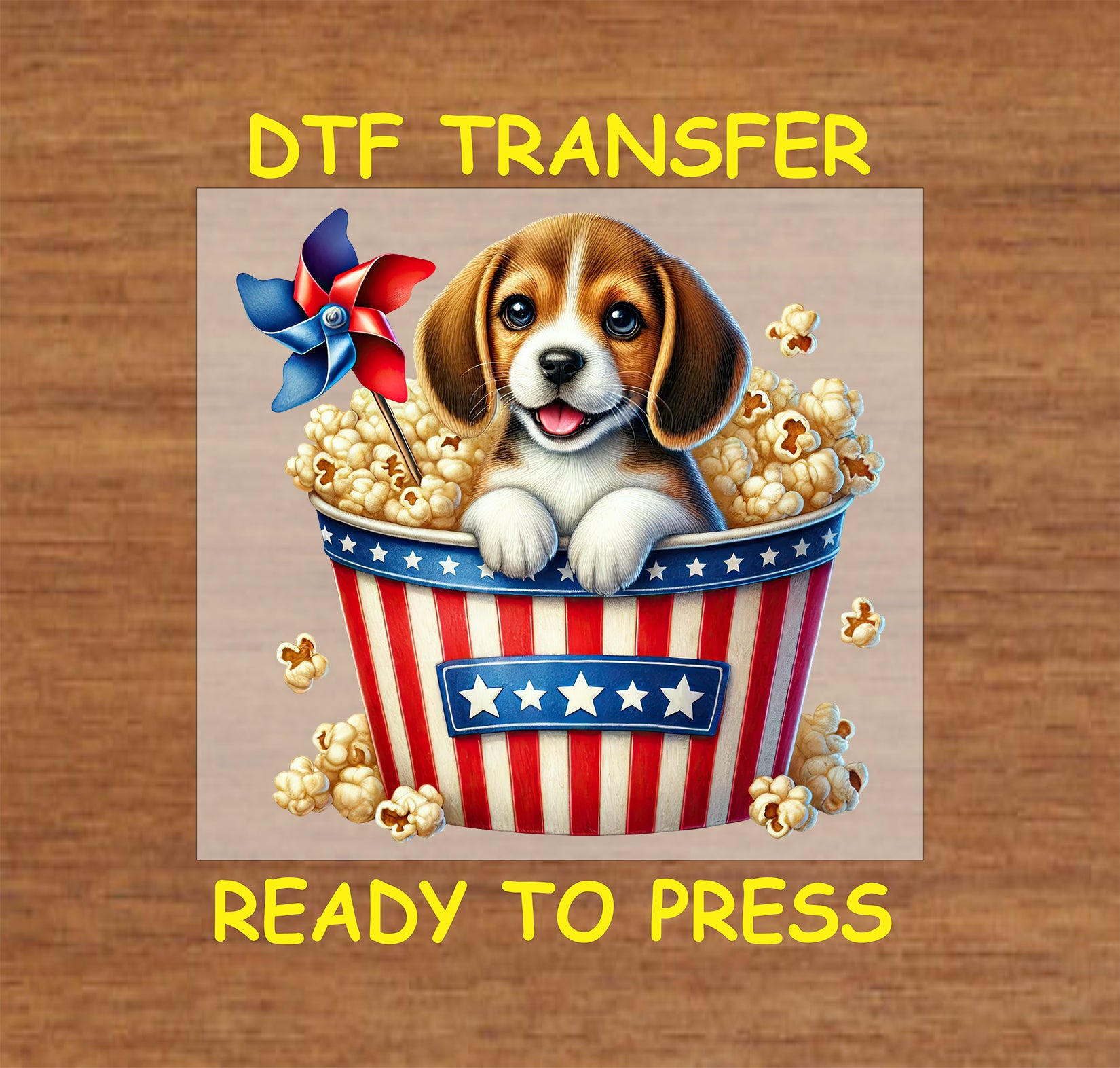 Beagle puppy in patriotic popcorn bucket with pinwheel DTF transfer.
