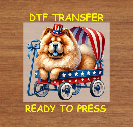 Fluffy dog in patriotic wagon wearing red white blue hat DTF transfer.