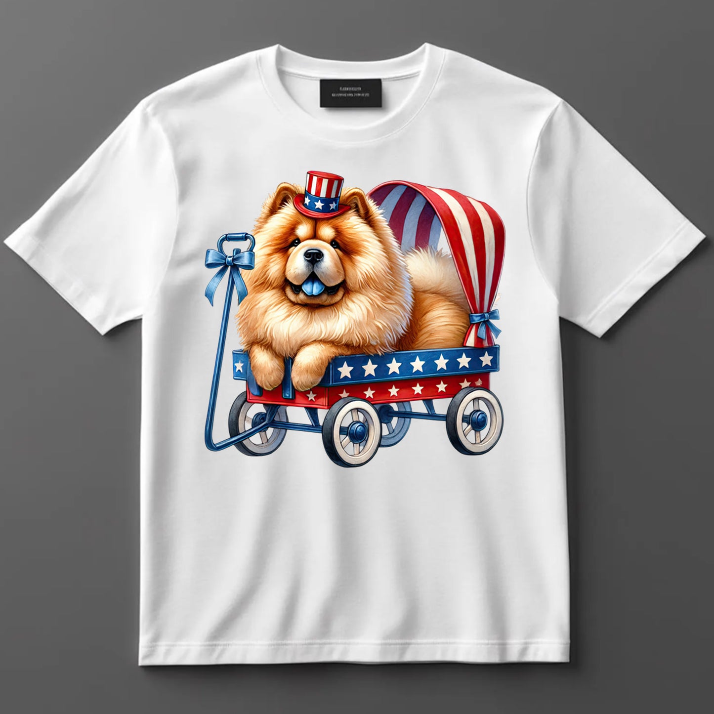 4th Of July DTF Transfer Iron On Heat Transfer - Ready to Press, Chow Dog in Patriotic Wagon DTF Transfer 7230