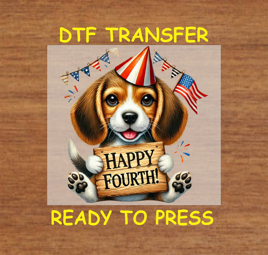Beagle puppy with party hat holding Happy Fourth sign and USA bunting DTF transfer.
