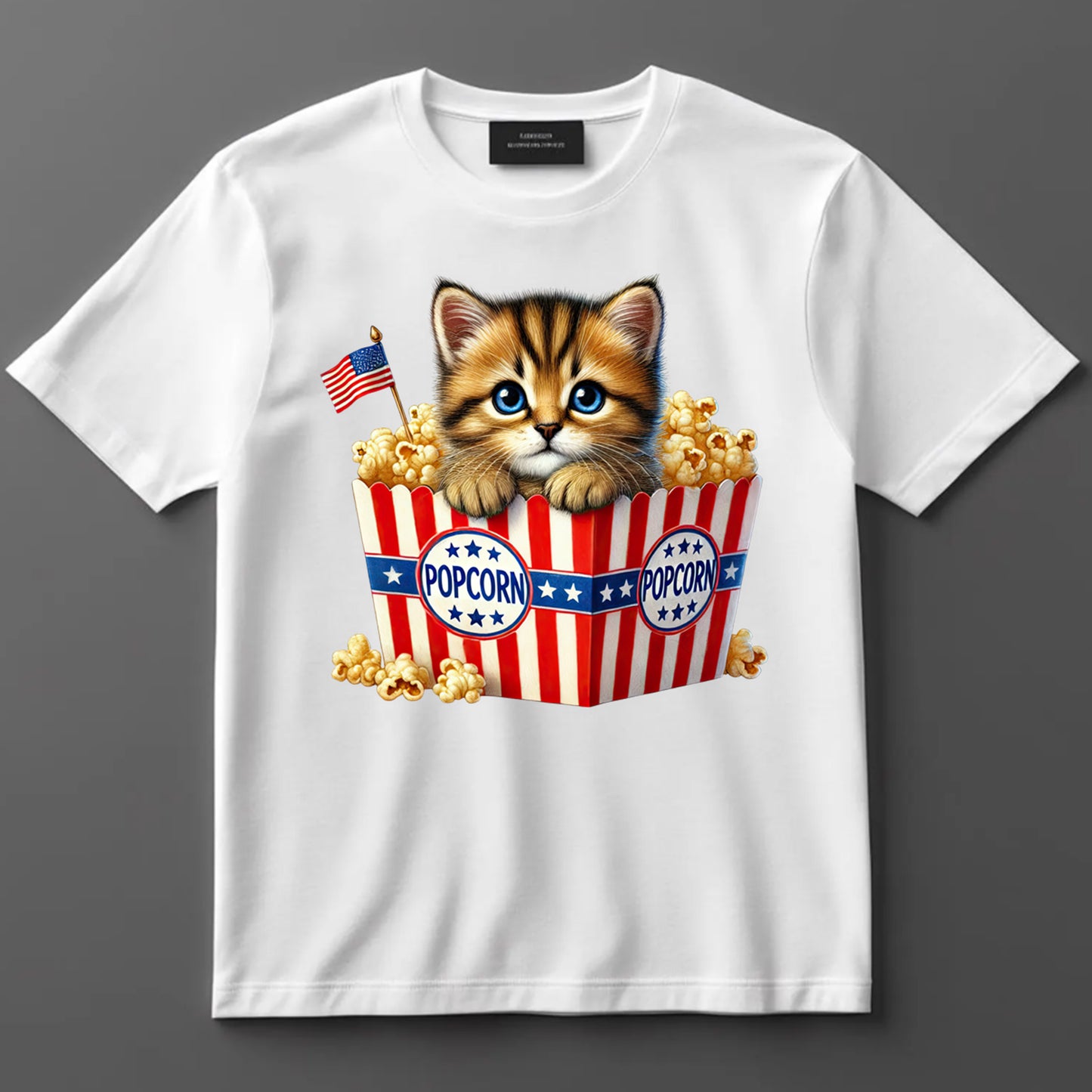 4th Of July DTF Transfer Iron On Heat Transfer - Ready to Press, Kitten in Patriotic Popcorn Box DTF Transfer 7234