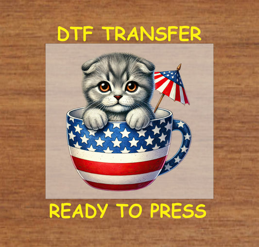 4th Of July DTF Transfer Iron On Heat Transfer - Ready to Press, Gray Kitten in Star-Spangled Teacup DTF Transfer 7235