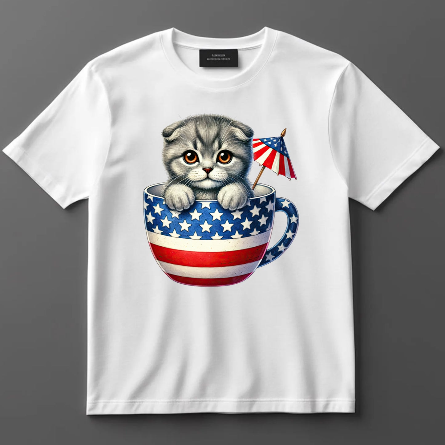 4th Of July DTF Transfer Iron On Heat Transfer - Ready to Press, Gray Kitten in Star-Spangled Teacup DTF Transfer 7235