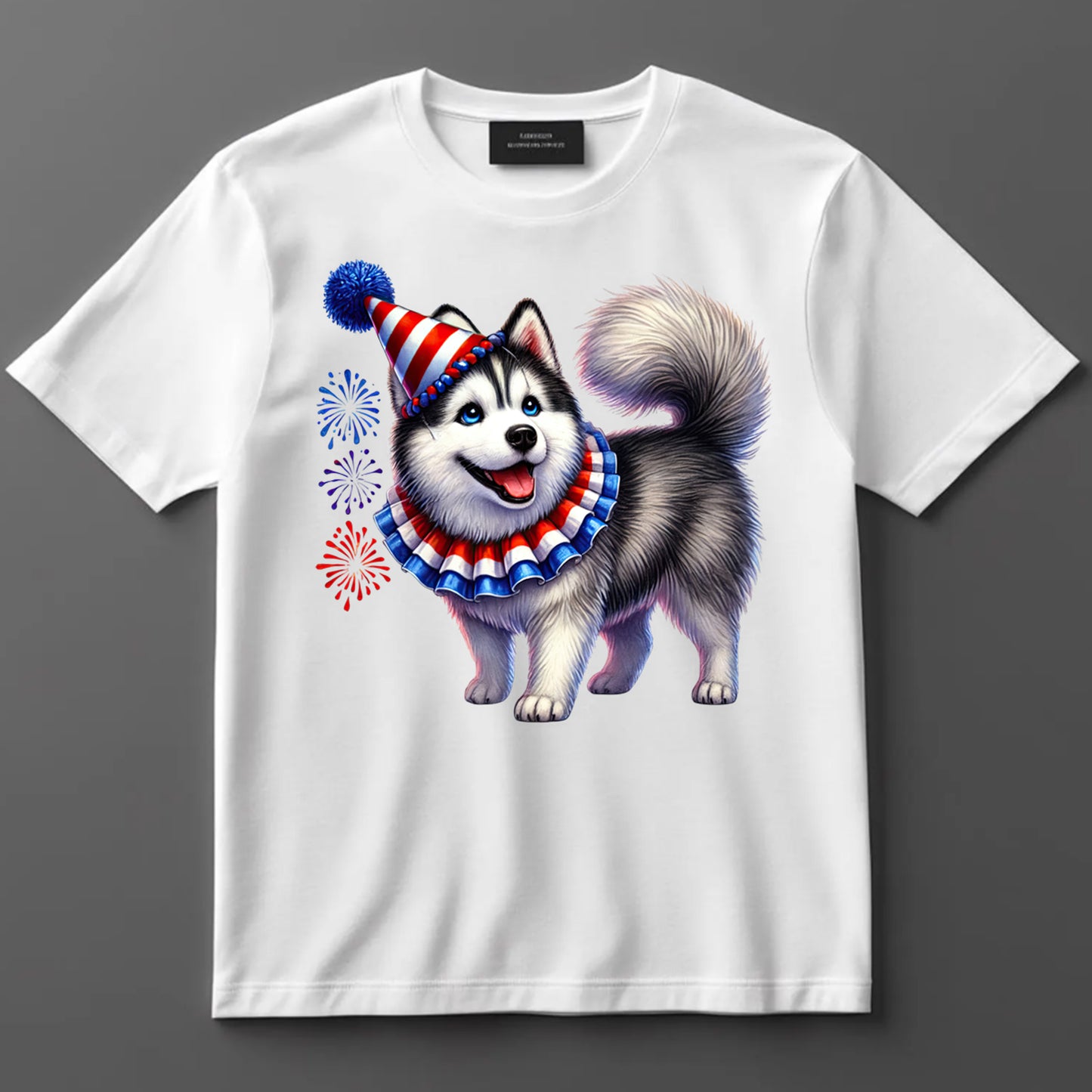 4th Of July DTF Transfer Iron On Heat Transfer - Ready to Press, Husky Dog in Party Hat DTF Transfer 7236