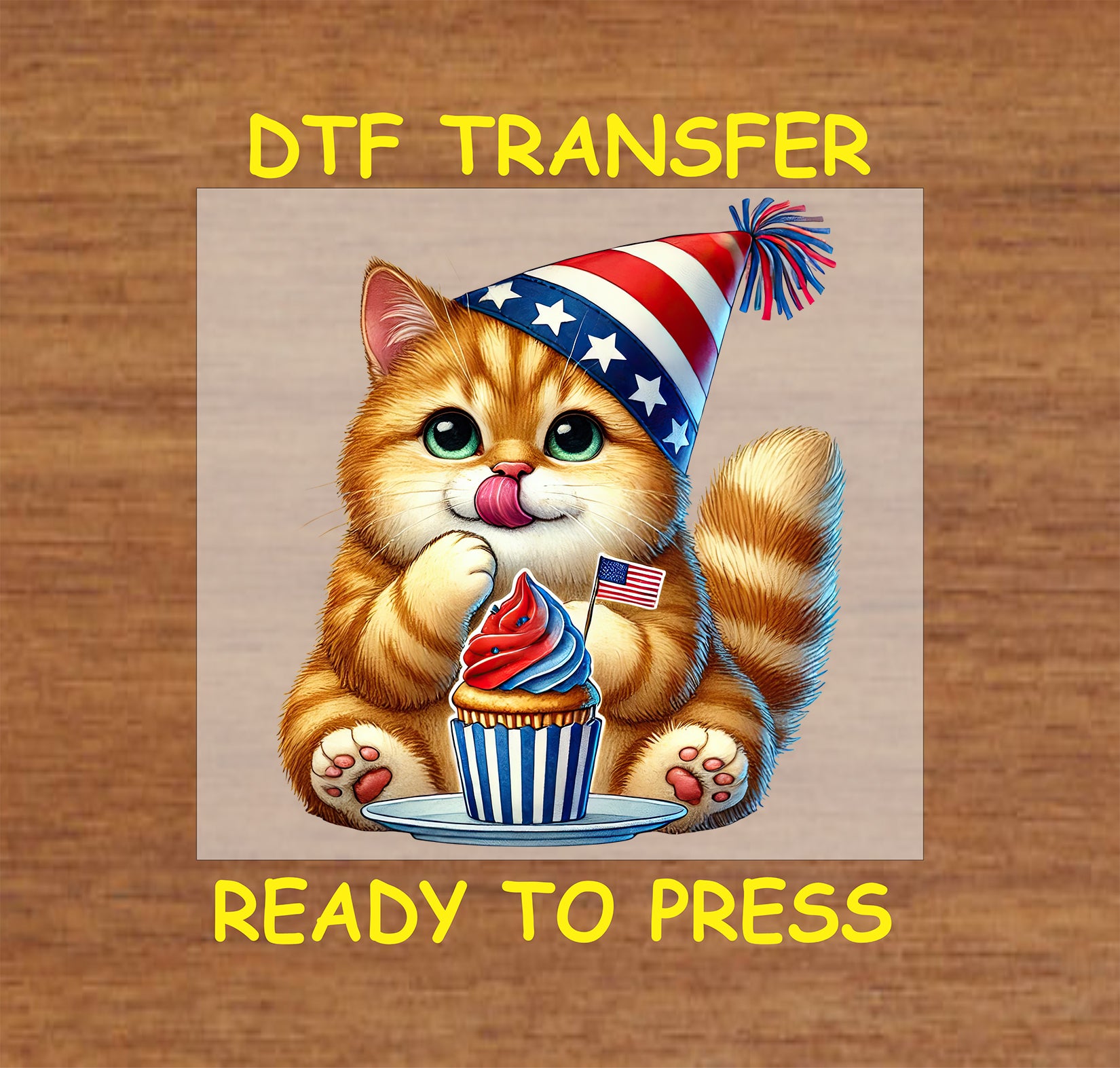 Orange cat in patriotic party hat with cupcake and flag DTF transfer.