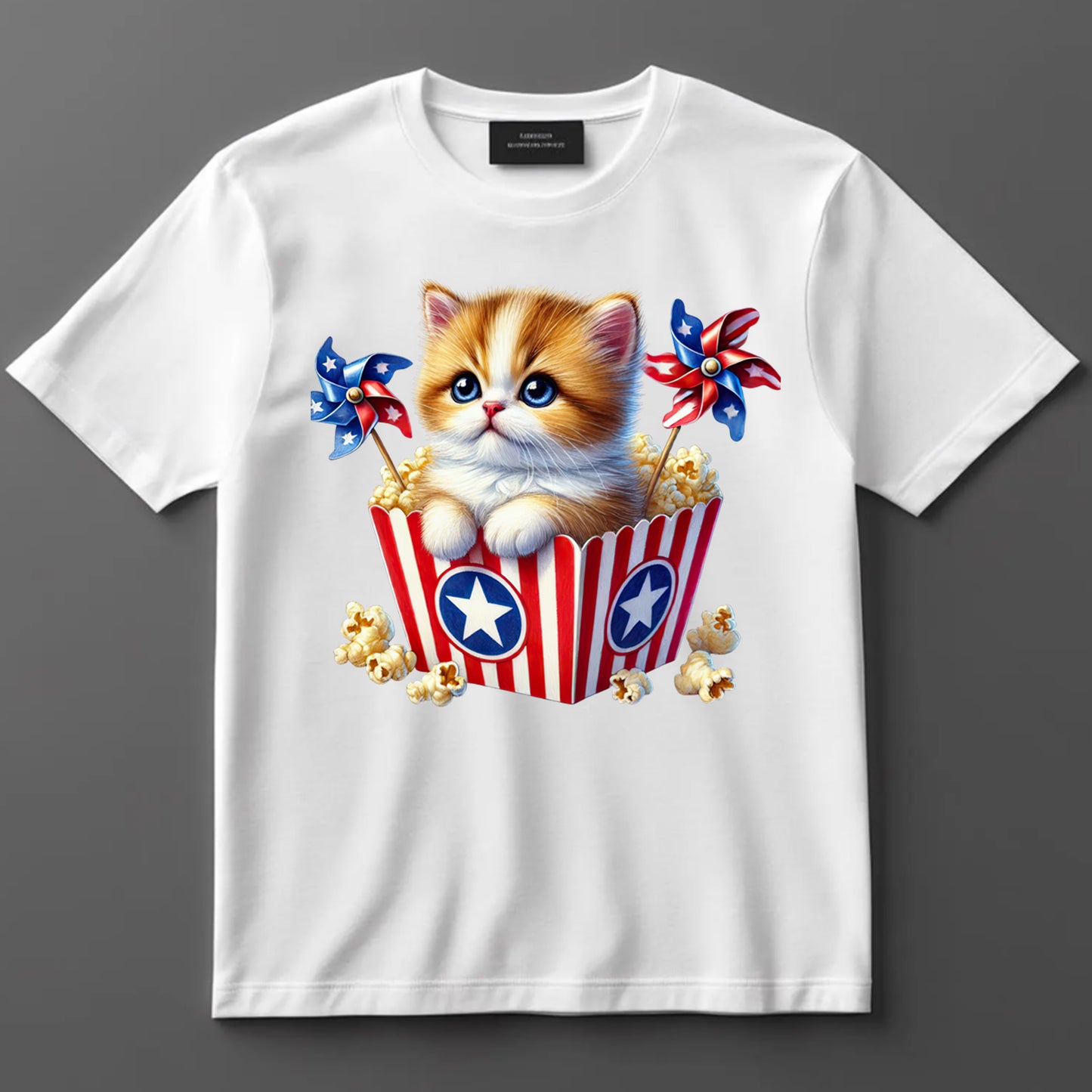 4th Of July DTF Transfer Iron On Heat Transfer - Ready to Press, Kitten in Popcorn Tub DTF Transfer 7239