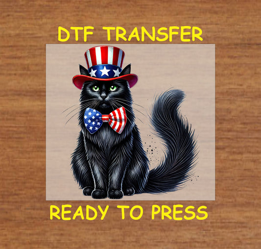 Black cat in patriotic hat and bowtie DTF transfer for July 4th.
