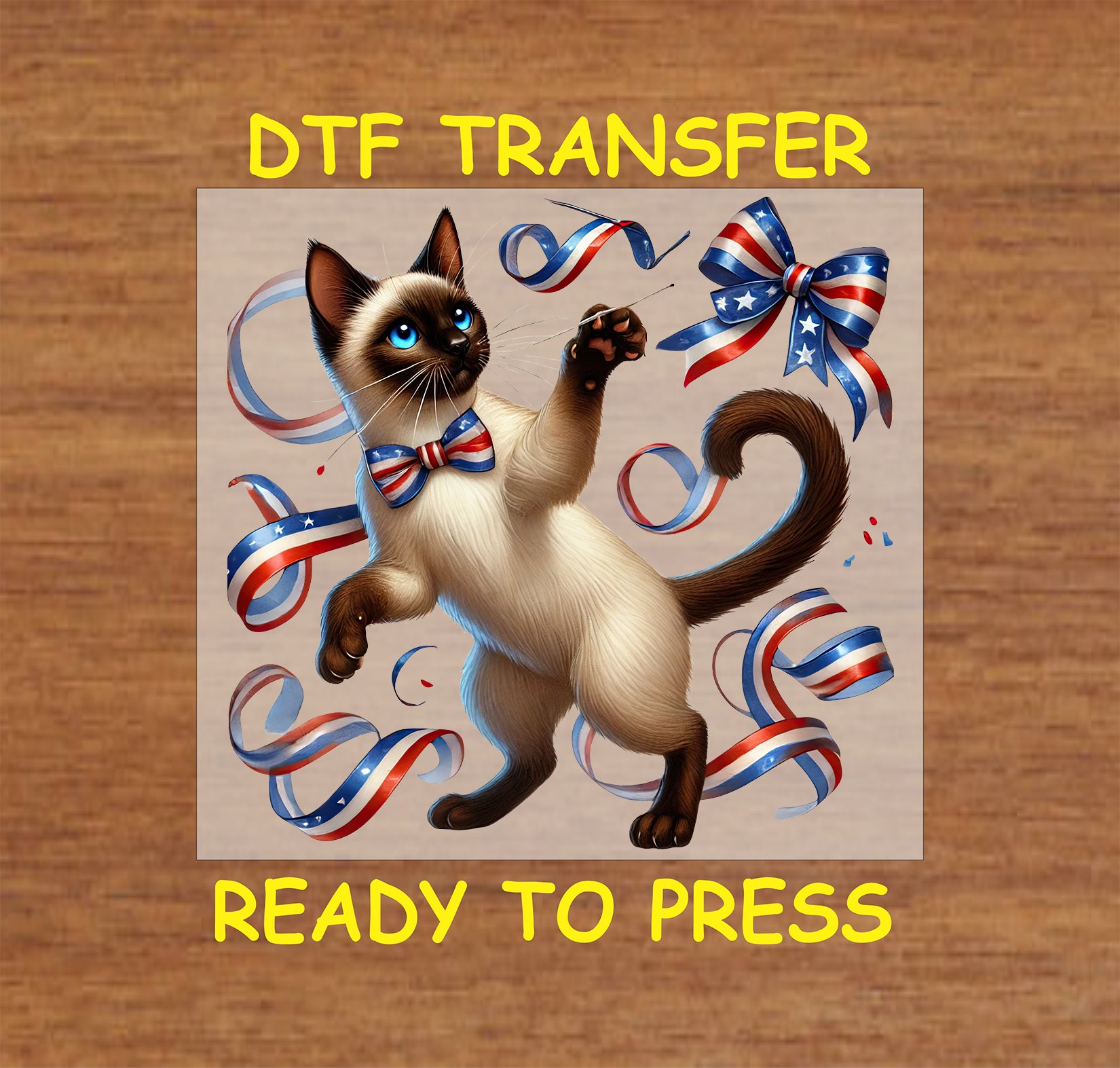 Siamese cat playing with red white blue ribbons and wearing a patriotic bowtie DTF transfer.