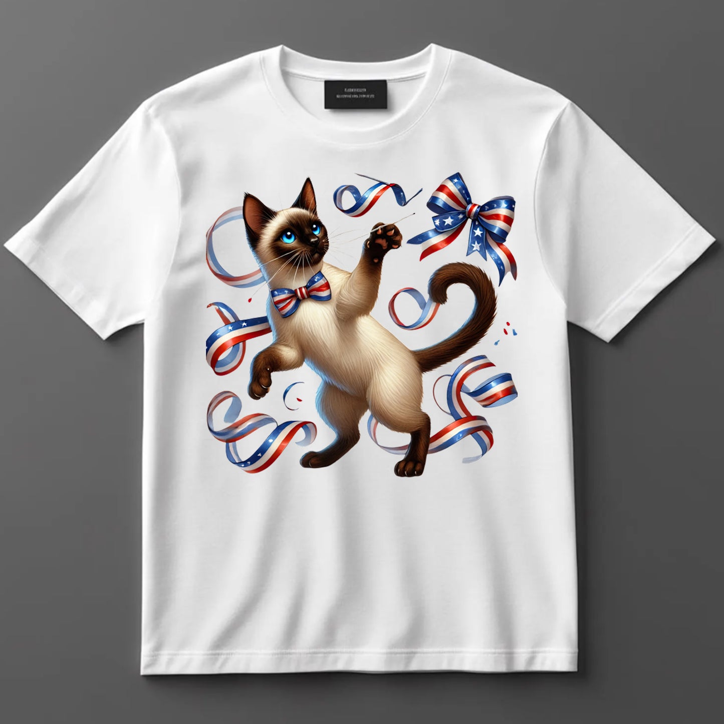 4th Of July DTF Transfer Iron On Heat Transfer - Ready to Press, Siamese Cat with Patriotic Ribbons DTF Transfer 7245