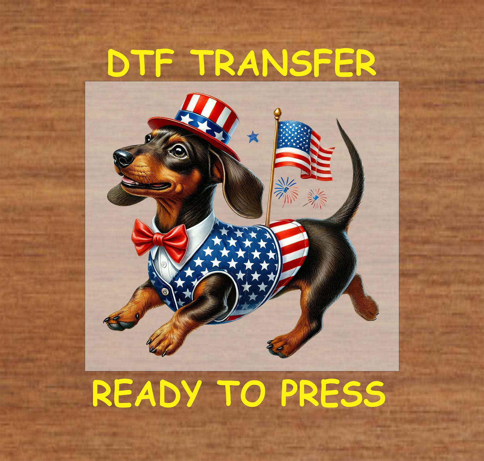 Dachshund in patriotic vest and hat with American flag and fireworks DTF transfer.