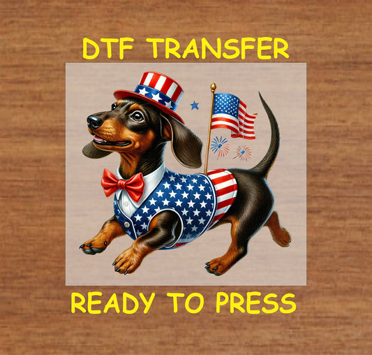 Dachshund in patriotic vest and hat with American flag and fireworks DTF transfer.