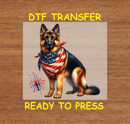 4th Of July DTF Transfer Iron On Heat Transfer - Ready to Press, German Shepherd in Patriotic Bandana DTF Transfer 7247