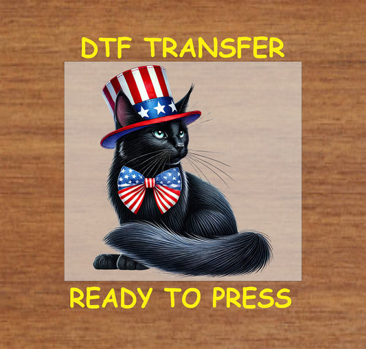 Black cat sitting in patriotic top hat and bowtie DTF transfer for 4th of July.