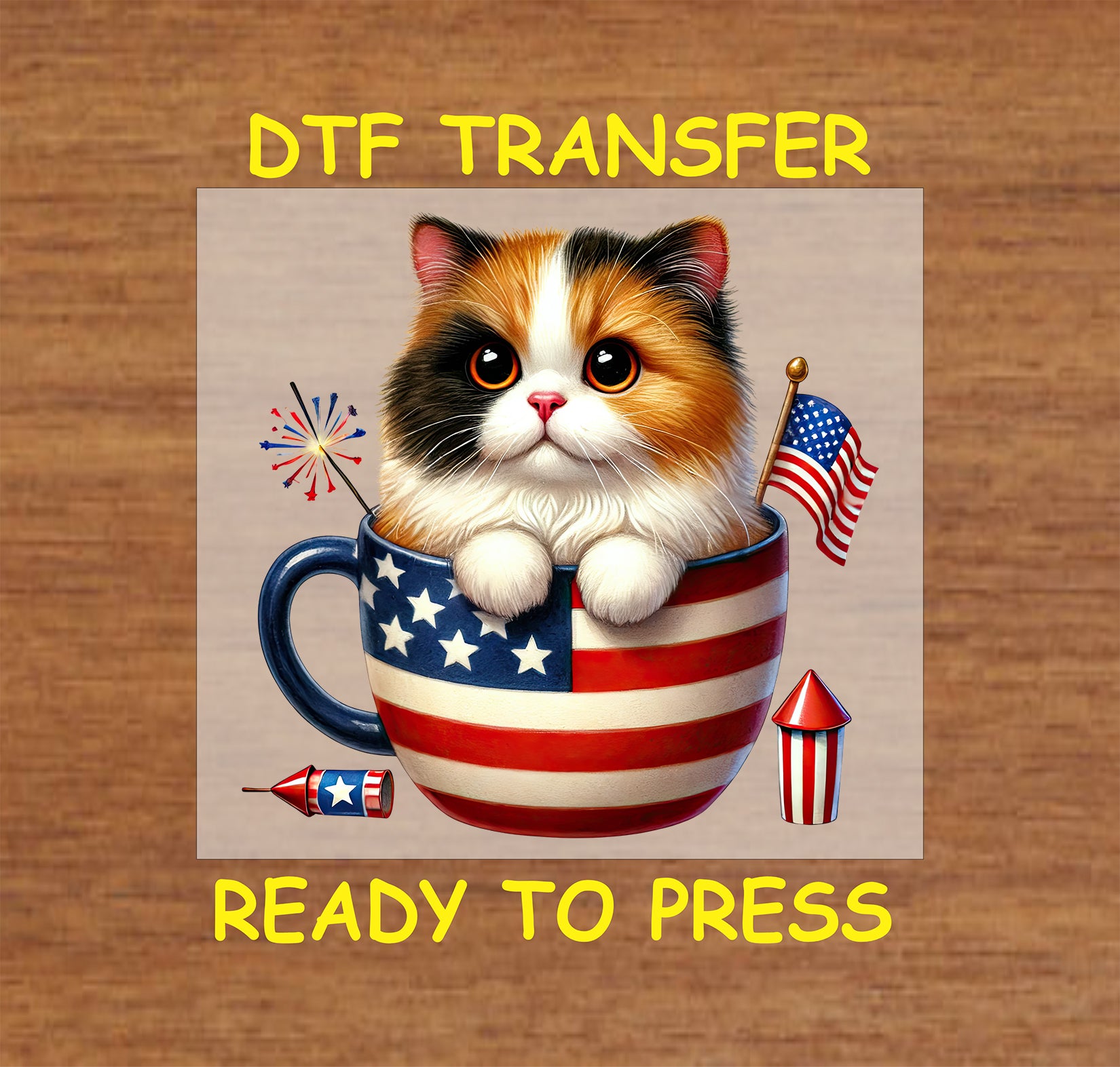 Calico kitten in USA teacup with fireworks and American flag DTF transfer.