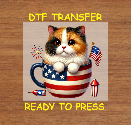 Calico kitten in USA teacup with fireworks and American flag DTF transfer.