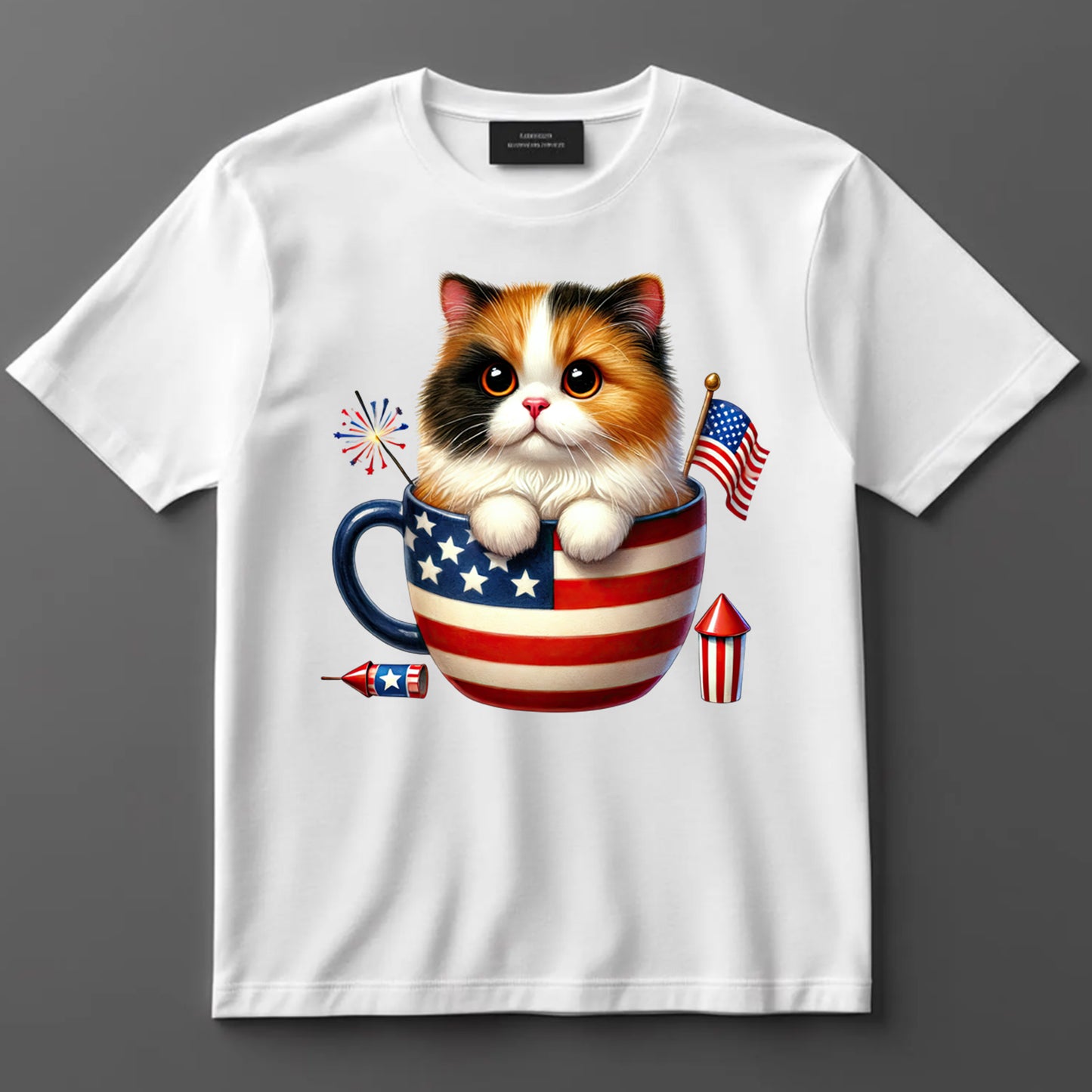 4th Of July DTF Transfer Iron On Heat Transfer - Ready to Press, Kitten in Patriotic Teacup DTF Transfer 7251