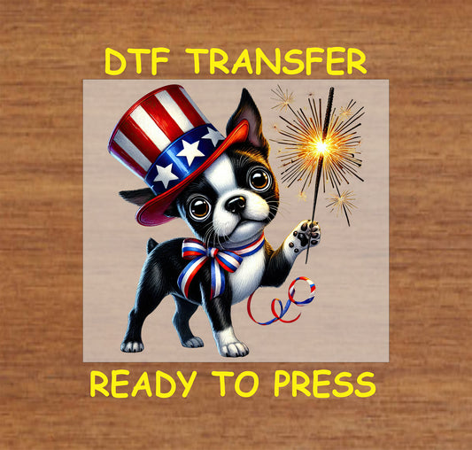 Boston Terrier in patriotic top hat and bowtie holding sparkler DTF transfer.