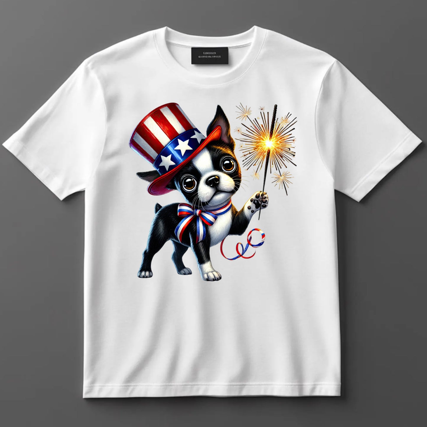 4th Of July DTF Transfer Iron On Heat Transfer - Ready to Press, Boston Terrier with Sparkler DTF Transfer 7252