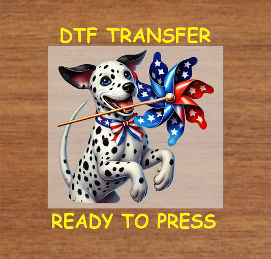Dalmatian with red white blue pinwheel and bowtie DTF transfer for July 4th.