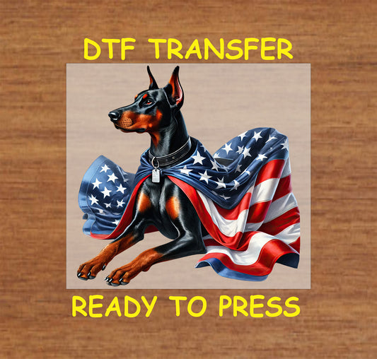 Doberman wearing flowing American flag cape DTF transfer for 4th of July.