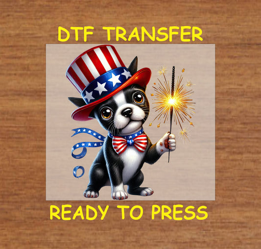 Smiling bulldog with watermelon slice, star scarf, and American flag DTF transfer.