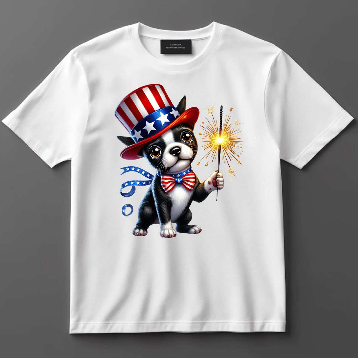 4th Of July DTF Transfer Iron On Heat Transfer - Ready to Press, Boston Terrier with Sparkler DTF Transfer 7258