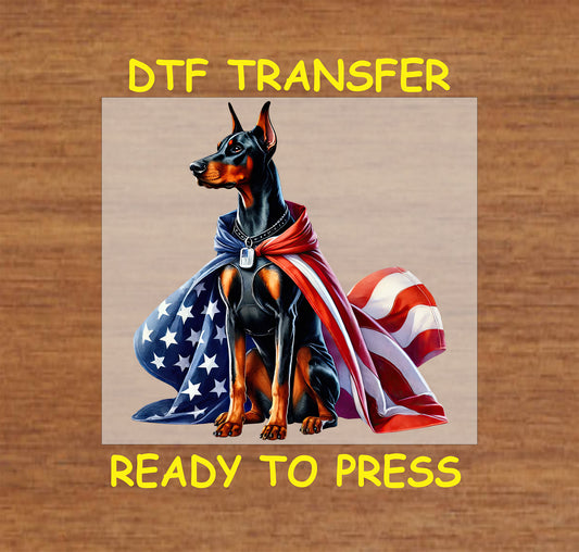 Doberman sitting with flowing American flag cape DTF transfer.