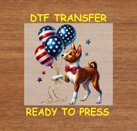 Dog with patriotic balloons and red bowtie DTF transfer for July 4th.