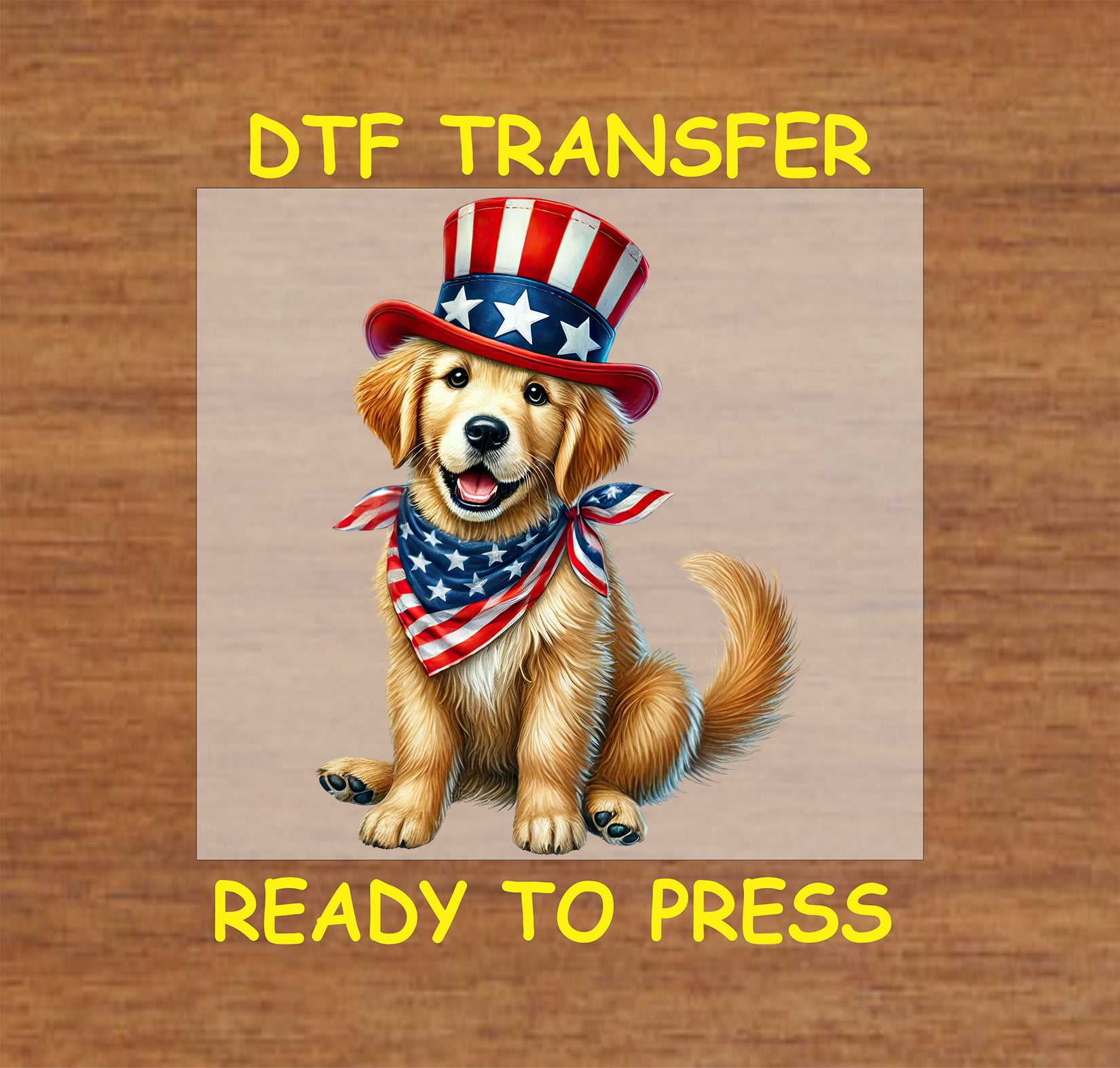 Golden retriever puppy with patriotic top hat and American flag scarf DTF transfer.