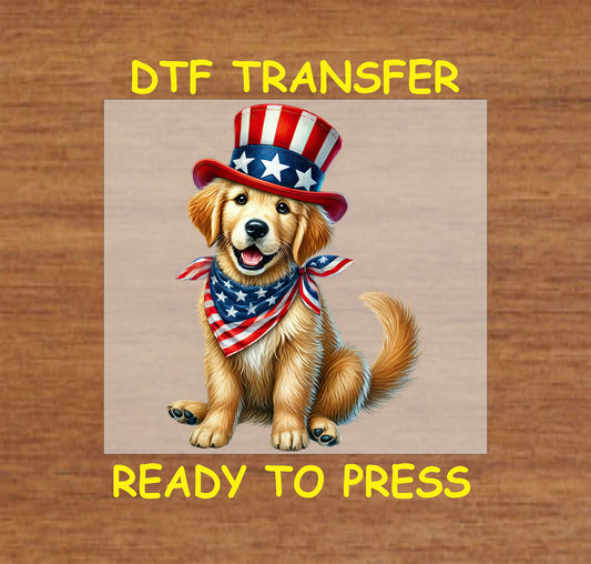 Golden retriever puppy with patriotic top hat and American flag scarf DTF transfer.