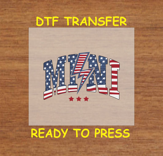 MINI text with patriotic stars, stripes, and lightning bolt DTF transfer.