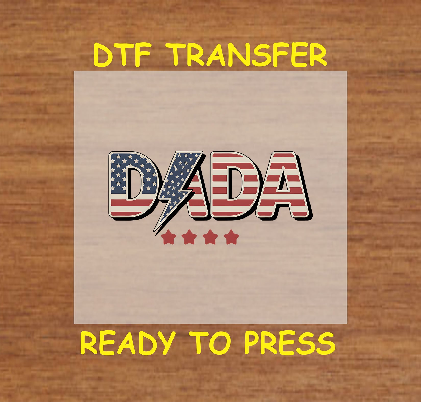 DADA text with lightning bolt and patriotic stars and stripes DTF transfer