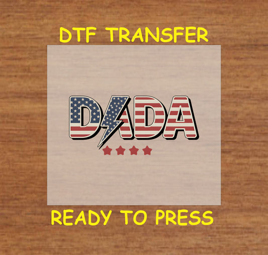 DADA text with lightning bolt and patriotic stars and stripes DTF transfer