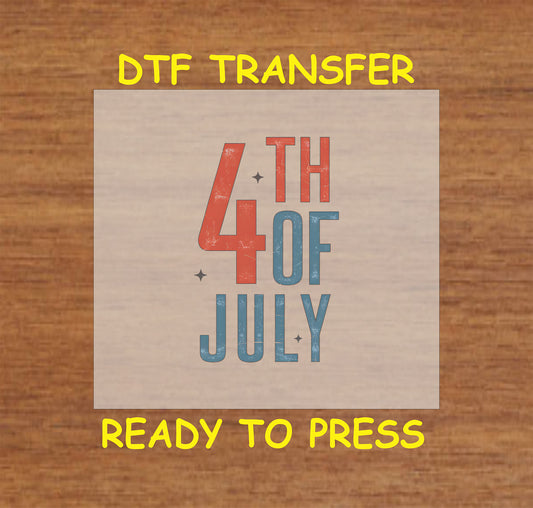 Distressed 4th of July red and blue text on ready-to-press DTF transfer.
