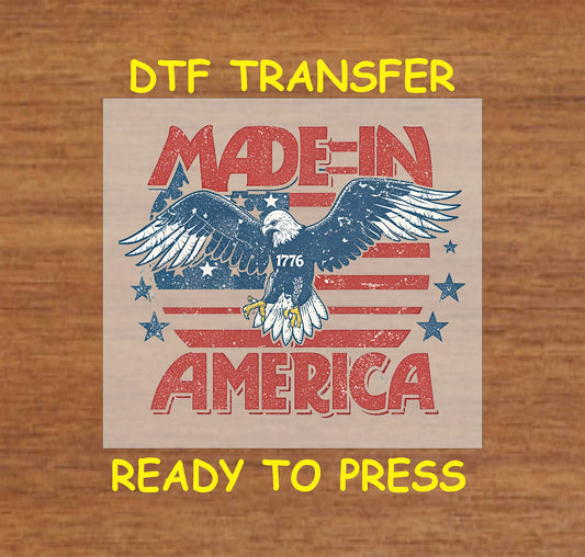 Distressed Made in America eagle and flag DTF transfer with 1776 text.