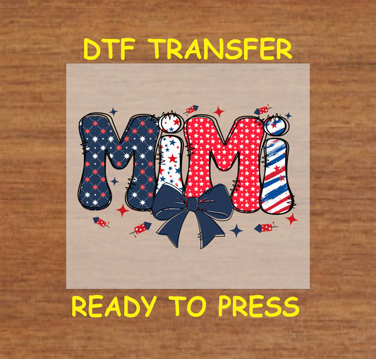 MIMI DTF transfer with patriotic stars, stripes, and navy bow.