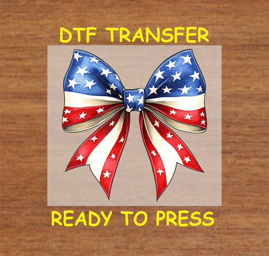 4th Of July DTF Transfer Iron On Heat Transfer - Ready to Press, American Flag Bow DTF Transfer 7292