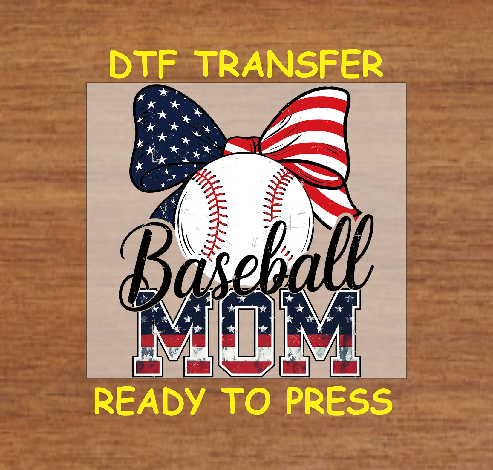 Baseball Mom DTF transfer with red white blue bow and stars and stripes lettering.