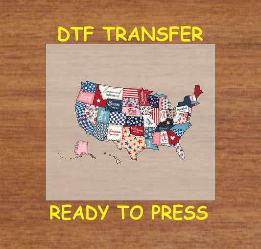 DTF transfer of USA map with red, white, and blue patchwork state patterns and uplifting words.
