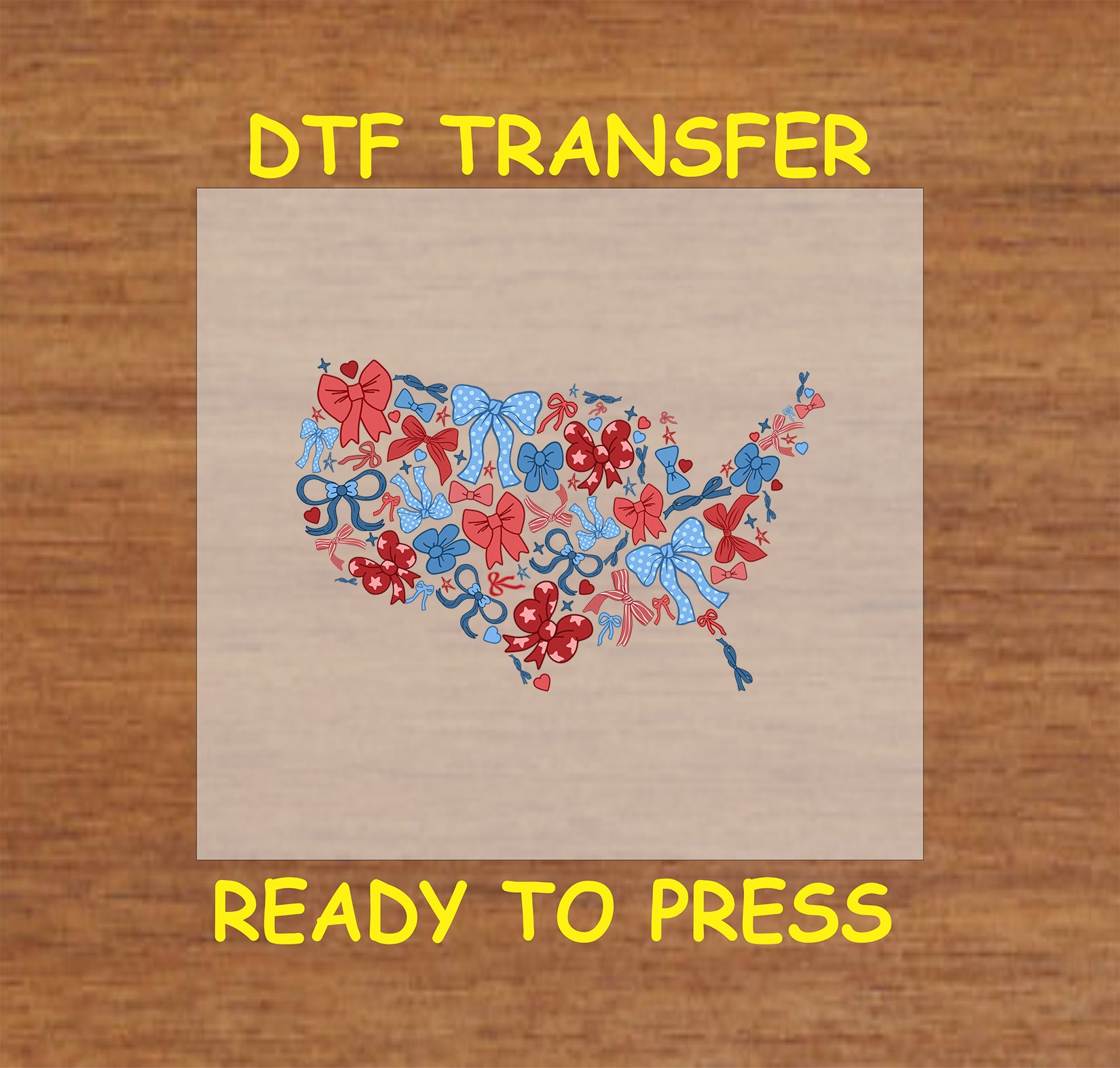 USA map made of red, white, and blue bows with stars and hearts, DTF transfer ready to press.