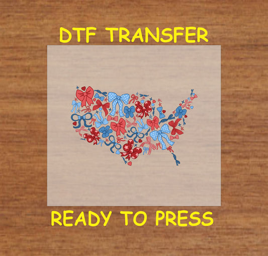 USA map made of red, white, and blue bows with stars and hearts, DTF transfer ready to press.